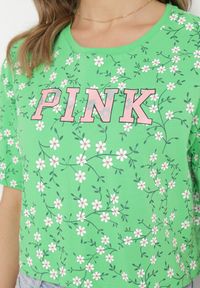 Born2be - Zielony Bawełniany T-shirt Oversize w Kwiatowy Print o Krótkim Fasonie Daelinn. Kolor: zielony. Materiał: bawełna. Długość: krótkie. Wzór: nadruk, kwiaty
