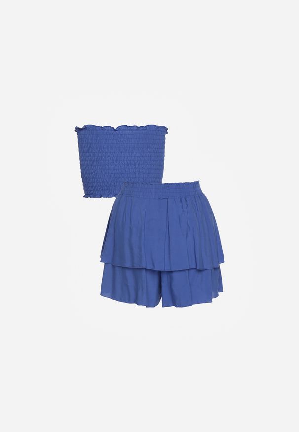 Renee - Niebieski Komplet z Bawełny Elastyczny Top bez Rękawów Szorty z Falbankami i Gumką w Pasie Tessabel. Kolor: niebieski. Materiał: bawełna