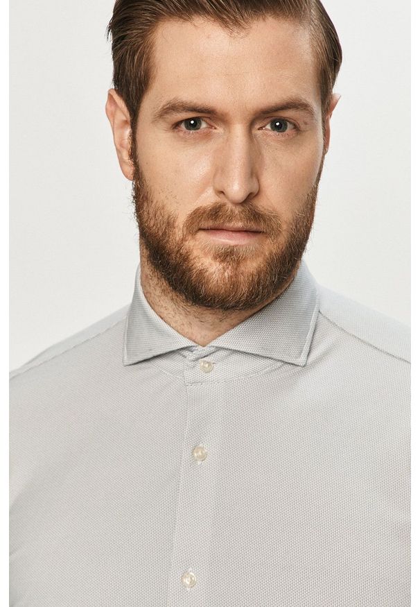 JOOP! - Joop! Koszula męska kolor szary slim z kołnierzykiem włoskim. Typ kołnierza: kołnierzyk włoski. Kolor: szary. Materiał: materiał