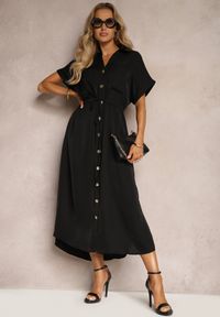 Renee - Czarna Sukienka Koszulowa z Materiałowym Paskiem Zapinana na Guziki Quintia. Okazja: na co dzień. Kolor: czarny. Materiał: materiał. Typ sukienki: koszulowe. Styl: klasyczny, casual, elegancki