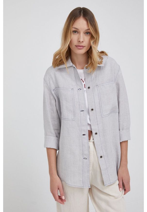 Emporio Armani koszula lniana damska kolor szary regular z kołnierzykiem klasycznym. Okazja: na co dzień. Typ kołnierza: kołnierzyk klasyczny. Kolor: szary. Materiał: len. Długość rękawa: długi rękaw. Długość: długie. Wzór: gładki. Styl: klasyczny