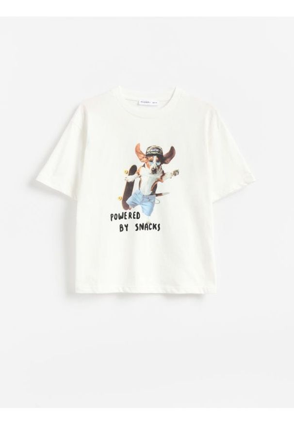 Reserved - Bawełniany t-shirt z nadrukiem - biały. Kolor: biały. Materiał: bawełna. Wzór: nadruk