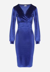 Born2be - Niebieska Dopasowana Sukienka Welurowa z Kopertowym Dekoltem Wilara. Kolor: niebieski. Materiał: welur. Długość rękawa: długi rękaw. Typ sukienki: kopertowe. Styl: klasyczny #5