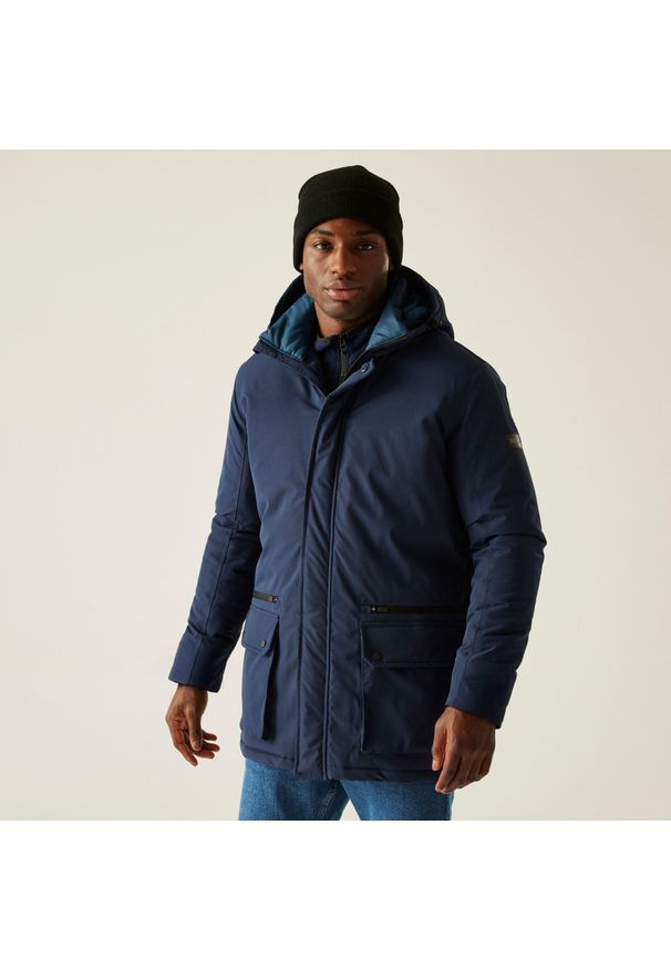 Regatta - Kurtka męska zimowa ocieplana Rhodo. Kolor: niebieski. Materiał: puch, materiał. Sezon: zima. Sport: turystyka piesza