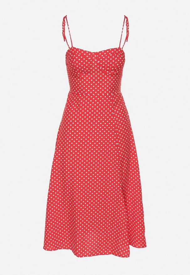 Born2be - Czerwona Sukienka Midi w Kropki na Ramiączkach Ionttis. Kolor: czerwony. Materiał: tkanina. Długość rękawa: na ramiączkach. Wzór: kropki. Długość: midi