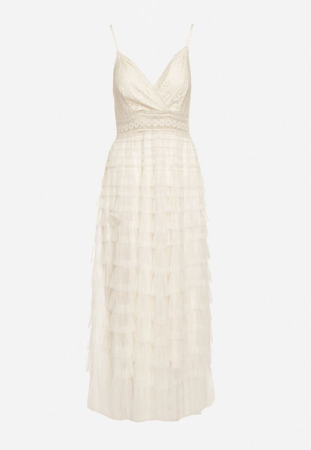 Born2be - Beżowa Sukienka na Regulowanych Ramiączkach z Koronką i Falbankami DIoenama. Okazja: na co dzień. Typ kołnierza: kołnierz z falbankami. Kolor: beżowy. Materiał: koronka. Długość rękawa: na ramiączkach. Wzór: koronka. Styl: casual