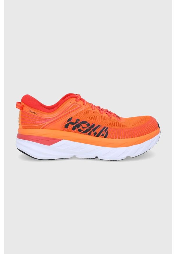 Hoka One One - Buty Bondi 7. Nosek buta: okrągły. Zapięcie: sznurówki. Kolor: pomarańczowy. Wzór: geometria. Sport: bieganie