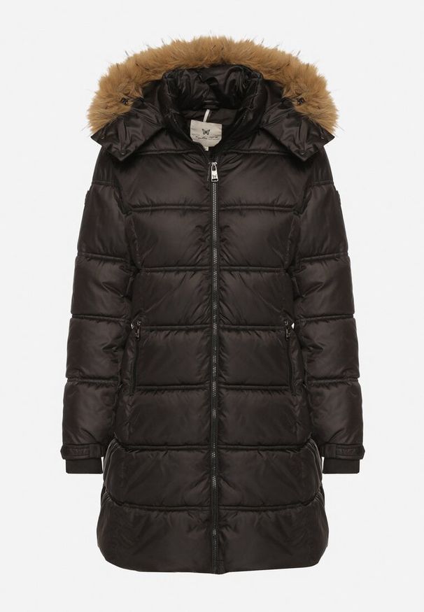 Born2be - Czarna Długa Kurtka Pikowana z Kapturem z Futrem z Możliwością Odpięcia Feneia. Okazja: na co dzień. Typ kołnierza: kaptur. Kolor: czarny. Materiał: futro. Długość: długie. Styl: casual