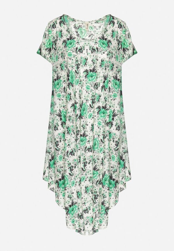 Born2be - Zielona Sukienka Bawełniana z Asymetrycznym Dołem w Kwiatki Nativienne. Kolor: zielony. Materiał: bawełna. Długość rękawa: krótki rękaw. Wzór: kwiaty. Sezon: lato. Typ sukienki: asymetryczne. Styl: elegancki