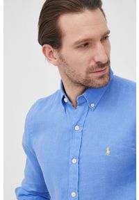 Polo Ralph Lauren koszula lniana męska slim z kołnierzykiem button-down. Typ kołnierza: polo, button down. Kolor: niebieski. Materiał: len. Długość rękawa: długi rękaw. Długość: długie. Wzór: gładki