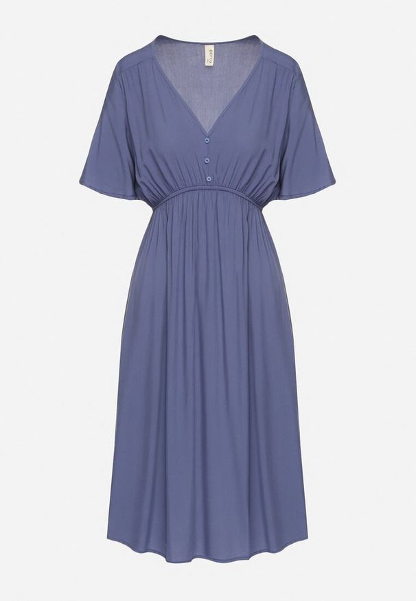 Born2be - Granatowa Bawełniana Sukienka o Rozkloszowanym Fasonie Liranelle. Okazja: na co dzień. Typ kołnierza: dekolt w kształcie V. Kolor: niebieski. Materiał: bawełna. Długość rękawa: krótki rękaw. Sezon: lato. Typ sukienki: rozkloszowane. Styl: casual, elegancki