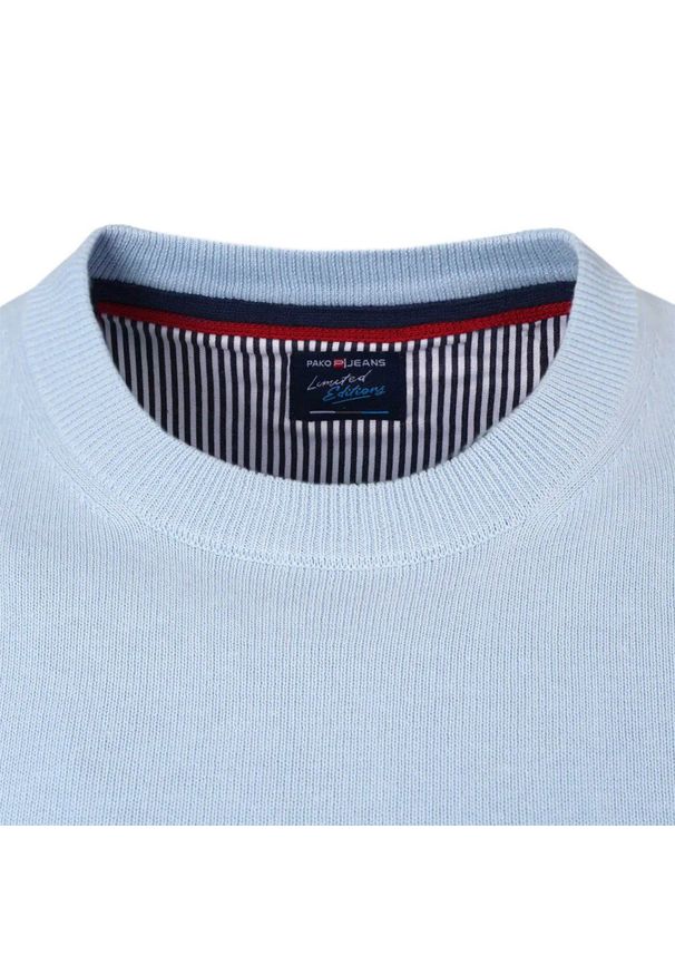 Bawełniany Męski Sweter z Okrągłym Dekoltem (U-Neck) - Pako Jeans - Błękitny. Okazja: na co dzień, na spotkanie biznesowe, do pracy. Kolor: niebieski. Materiał: bawełna. Styl: biznesowy, klasyczny, elegancki, casual