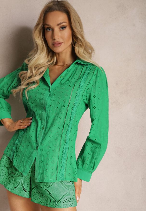 Renee - Zielona Koszula z Haftowanej Tkaniny w Stylu Boho Perphone. Kolor: zielony. Materiał: tkanina. Wzór: haft. Sezon: wiosna, lato. Styl: boho