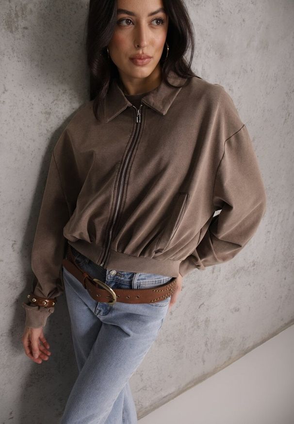 Renee - Beżowa Bluza Bomberka z Bawełny Oversize Ozdobiona Kołnierzem Vimelles. Okazja: na co dzień. Kolor: brązowy. Materiał: bawełna. Wzór: aplikacja. Styl: casual, elegancki