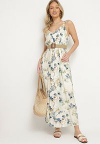 Born2be - Beżowo-Niebieska Kwiecista Sukienka na Ramiączkach z Wiskozą o Rozkloszowanym Kroju Jenarienna. Okazja: na co dzień. Typ kołnierza: dekolt w kształcie V. Kolor: niebieski. Materiał: wiskoza. Długość rękawa: na ramiączkach. Wzór: kwiaty. Typ sukienki: rozkloszowane. Styl: casual, elegancki #3