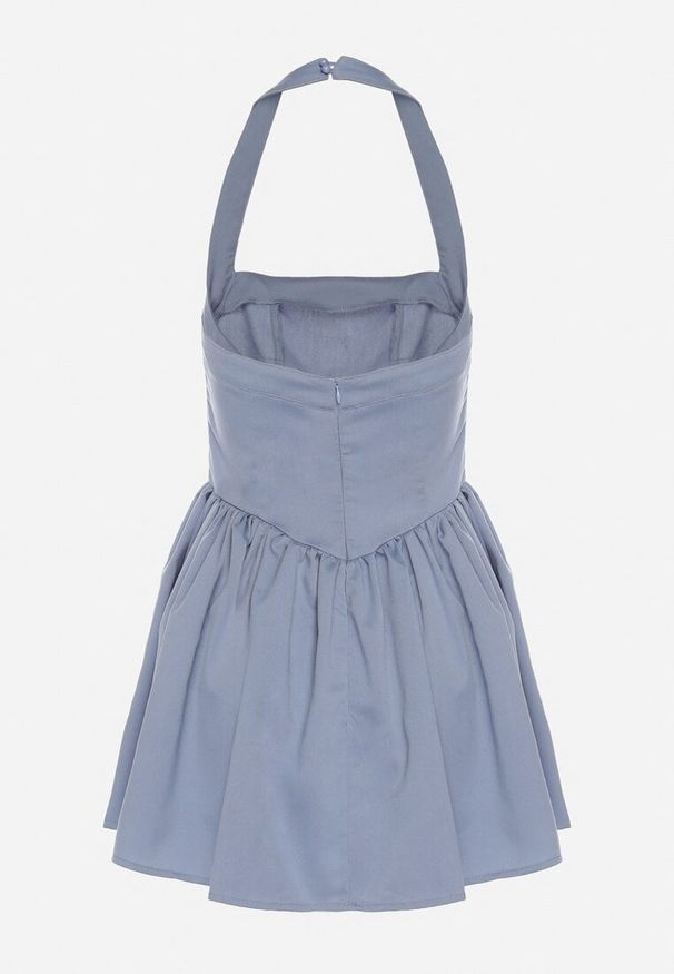 Born2be - Niebieska Rozkloszowana Sukienka Vices z Paskiem na Szyję Nelimira. Okazja: na co dzień. Kolor: niebieski. Wzór: aplikacja. Styl: elegancki, casual