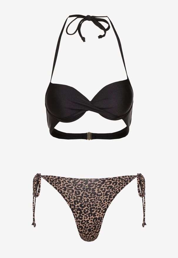 Renee - Czarno-Beżowe Wiązane Bikini Biustonosz Halter i Majtki Figi Savadine. Kolor: czarny. Wzór: aplikacja