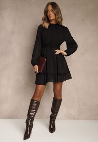 Renee - Czarna Sukienka z Siateczki o Rozkloszowanym Kroju z Bufiastymi Rękawami Aziva. Okazja: na co dzień. Kolor: czarny. Materiał: skóra. Typ sukienki: rozkloszowane, proste. Styl: casual #2