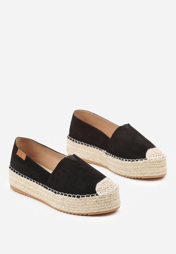 Renee - Czarne Espadryle z Imitacji Zamszu na Platformie z Jutowej Plecionki Mirrona. Kolor: czarny. Materiał: zamsz. Obcas: na platformie
