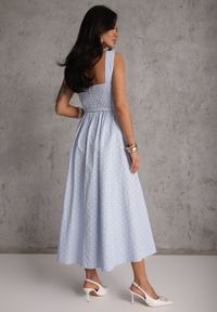 Renee - Niebieska Retro Sukienka z Bawełny i Wiskozy w Kropki o Rozkloszowanym Kroju Phrithoe. Okazja: na randkę. Kolor: niebieski. Materiał: wiskoza, bawełna. Wzór: kropki. Typ sukienki: rozkloszowane. Styl: retro #2