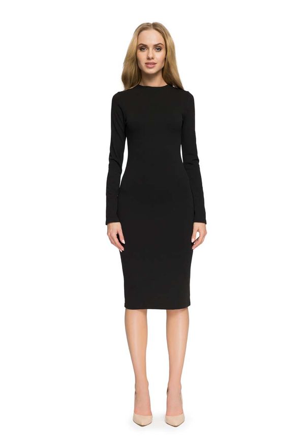 MOE - Czarna Elegancka Dopasowana Sukienka za Kolano. Kolor: czarny. Materiał: bawełna, poliester. Styl: elegancki