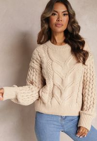 Renee - Beżowy Sweter z Wełną i Bawełną w Warkoczykowy Splot Kestina. Kolor: beżowy. Materiał: bawełna, wełna. Wzór: ze splotem. Styl: klasyczny #4