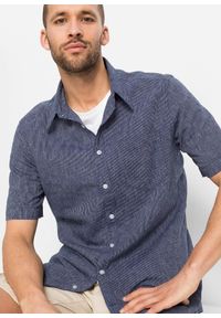 bonprix - Koszula z krótkim rękawem z materiału z domieszką lnu. Kolor: niebieski. Materiał: materiał, len. Długość rękawa: krótki rękaw. Długość: krótkie #2
