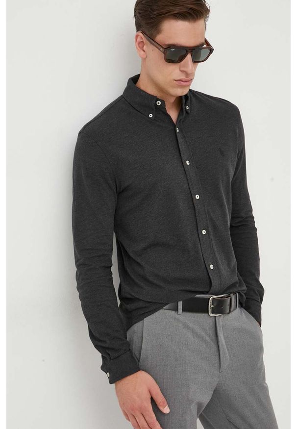 Polo Ralph Lauren koszula bawełniana męska kolor szary regular z kołnierzykiem button-down. Typ kołnierza: button down, polo. Kolor: szary. Materiał: bawełna. Długość rękawa: długi rękaw. Długość: długie. Wzór: gładki