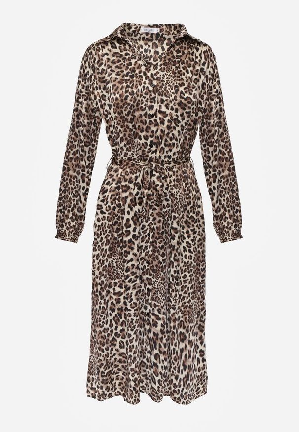 Renee - Brązowa Koszulowa Sukienka w Panterkę z Wiązanym Paskiem Ramalli. Kolor: brązowy. Materiał: materiał, tkanina. Wzór: motyw zwierzęcy. Typ sukienki: koszulowe. Długość: midi