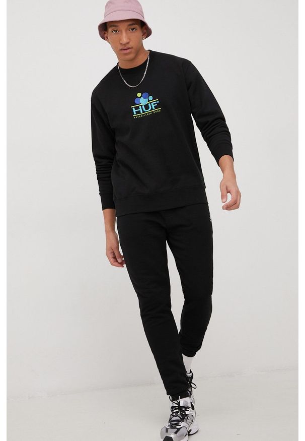 HUF bluza męska kolor czarny z aplikacją. Okazja: na co dzień. Kolor: czarny. Materiał: dzianina. Wzór: aplikacja. Styl: casual