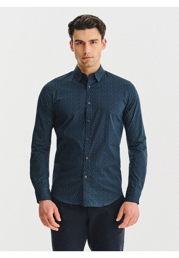 Pako Lorente - PAKO LORENTE – Granatowa koszula we wzór geometryczny. Kolor: niebieski. Materiał: bawełna, elastan. Długość rękawa: długi rękaw. Długość: długie. Wzór: geometria
