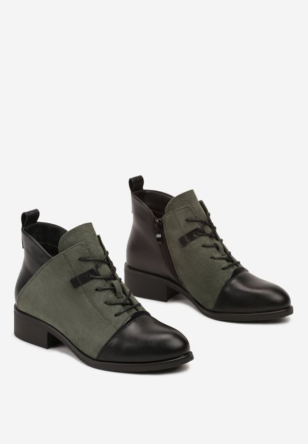 Born2be - Zielone Płaskie Botki z Kontrastowymi Elementami i Sznurowaniem Lorian. Okazja: na spacer, na co dzień. Zapięcie: sznurówki. Kolor: zielony. Materiał: jeans. Styl: elegancki, casual, klasyczny