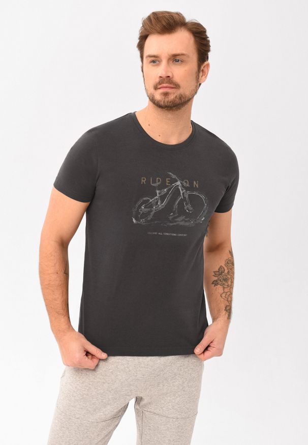 Volcano - T-shirt z printem roweru T-RIDEON. Okazja: na co dzień. Kolor: szary. Materiał: bawełna, jeans, materiał. Długość rękawa: krótki rękaw. Długość: krótkie. Wzór: nadruk. Styl: sportowy, klasyczny, casual