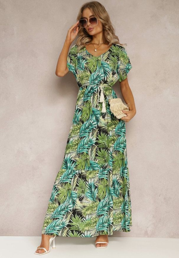 Renee - Zielono-Czarna Maxi Sukienka z Wiskozy w Kwiatowy Print ze Sznurkiem w Talii Anukka. Kolor: zielony. Materiał: wiskoza. Wzór: kwiaty, nadruk. Długość: maxi