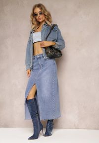 Renee - Niebieska Jeansowa Spódnica Midi Abexa. Stan: podwyższony. Kolor: niebieski. Materiał: jeans. Wzór: aplikacja. Styl: elegancki #1