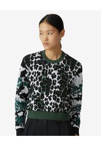 Kenzo - KENZO - Zielony sweter Leopard. Kolor: zielony. Materiał: prążkowany. Długość rękawa: długi rękaw. Długość: długie. Wzór: nadruk, aplikacja. Styl: sportowy