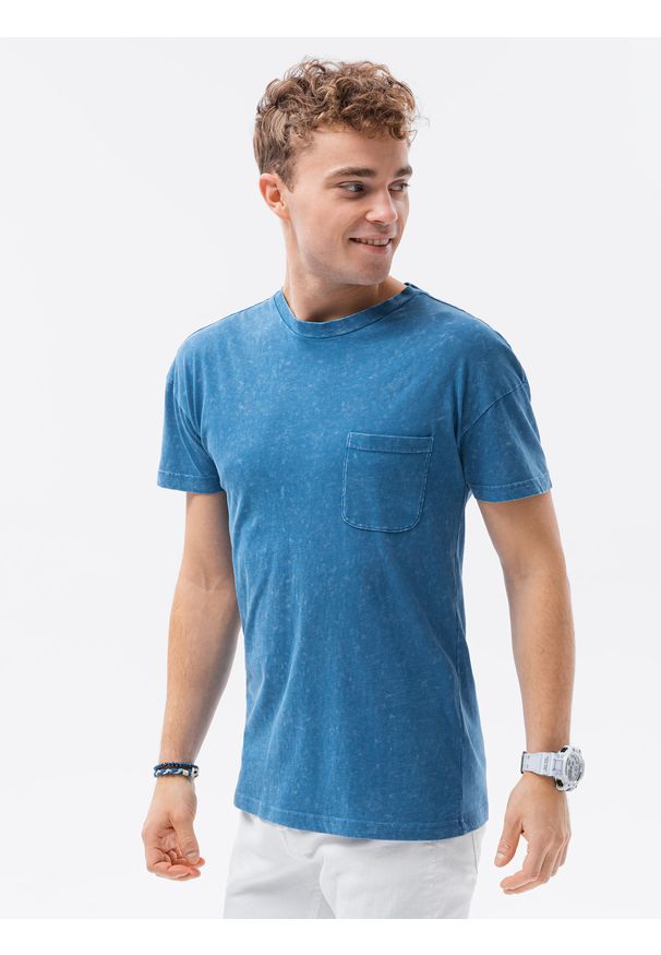 Ombre Clothing - T-shirt męski bawełniany S1375 - niebieski - XXL. Kolor: niebieski. Materiał: bawełna. Wzór: aplikacja. Sezon: lato, wiosna