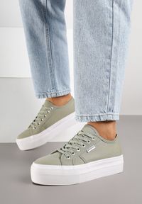 Renee - Ciemnobeżowe Basicowe Trampki na Platformie Mailiselle. Okazja: na co dzień. Kolor: beżowy. Materiał: jeans. Obcas: na platformie. Styl: casual #5