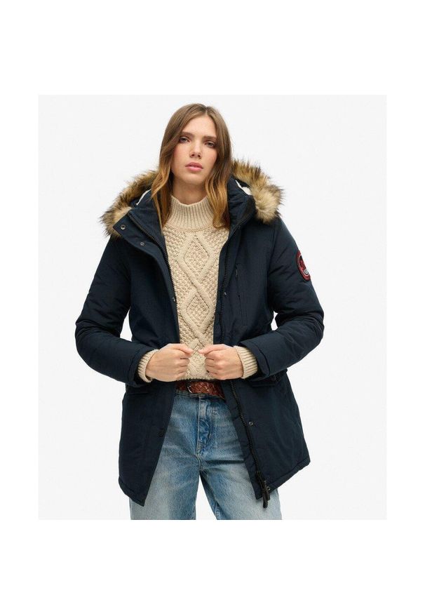 Superdry - Parka z Kapturem z Sztucznym Futrem Everest od SUPERDRY. Typ kołnierza: kaptur. Kolor: niebieski. Materiał: futro. Długość rękawa: długi rękaw. Styl: elegancki