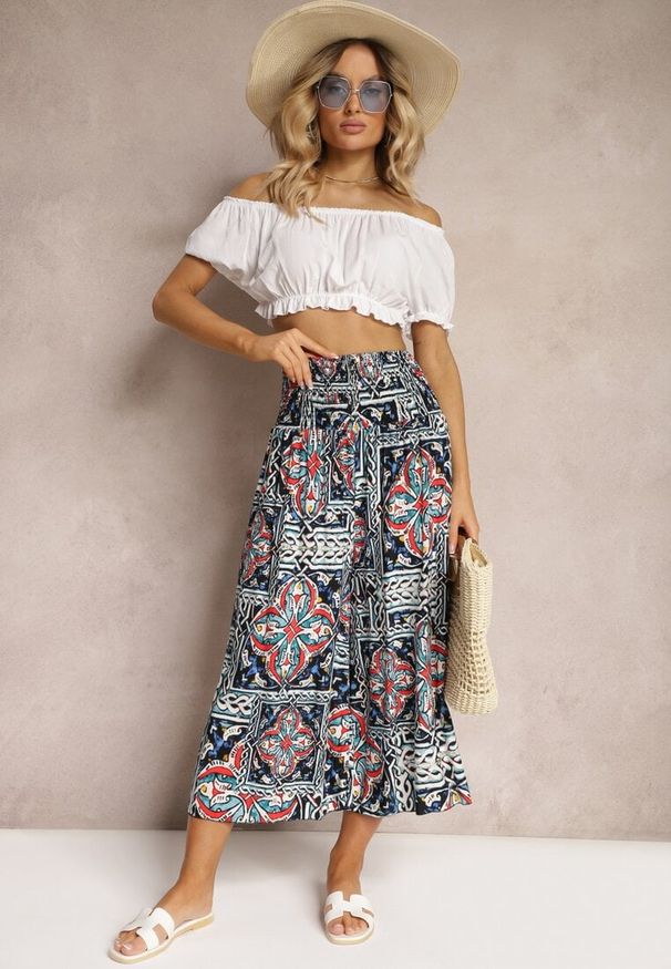 Renee - Granatowe Spodnie Kuloty z Bawełny High Waist z Gumką w Pasie Palovia. Stan: podwyższony. Kolor: niebieski. Materiał: bawełna. Sezon: lato