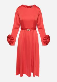 Born2be - Czerwona Sukienka Wieczorowa Ozdobiona Paskiem i Kwiatami 3D Temarita. Kolor: czerwony. Wzór: aplikacja, kwiaty. Styl: wizytowy #3
