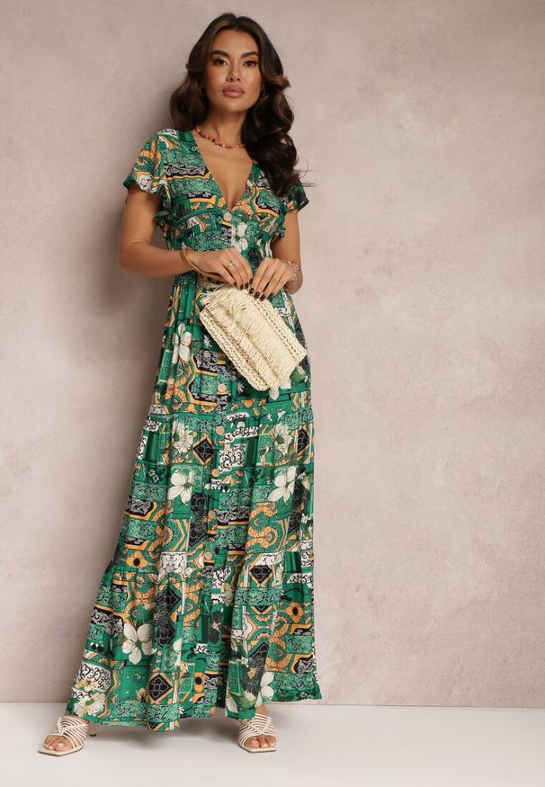 Renee - Zielona Sukienka z Wiskozy Maxi z Gumką w Pasie Weha. Kolor: zielony. Materiał: wiskoza. Sezon: lato. Długość: maxi