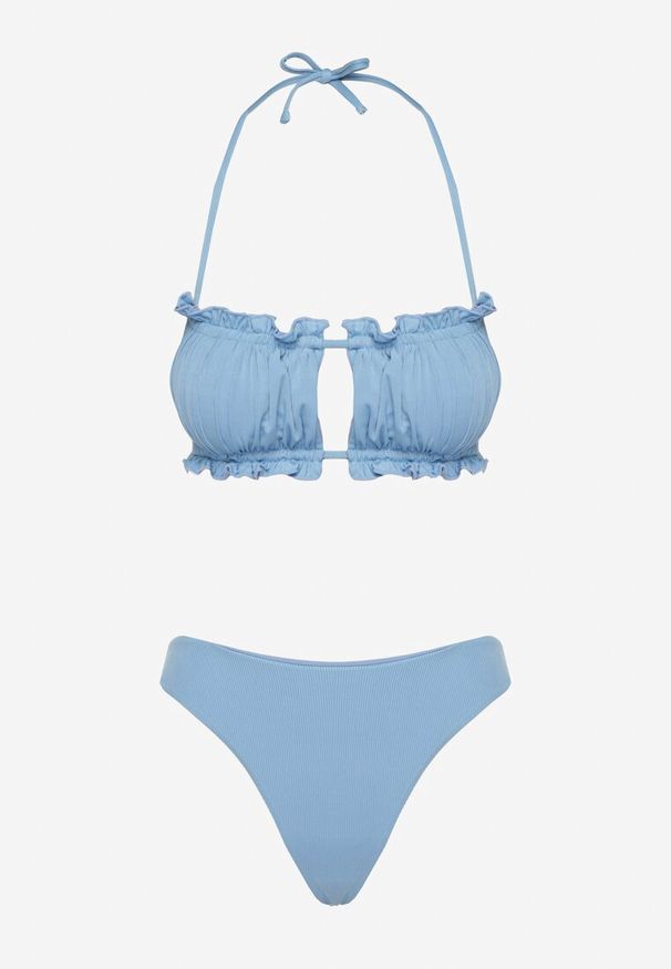 Born2be - Jasnoniebieskie Bikini Wiązany Biustonosz z Marszczeniem Majtki Typu Figi Folilisse. Kolor: niebieski. Wzór: aplikacja