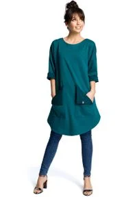 MOE - Zielona Codzienna Trapezowa Sukienka Tunika z Kieszeniami. Okazja: na co dzień. Kolor: zielony. Materiał: poliester, bawełna, wiskoza. Typ sukienki: proste, trapezowe. Styl: casual