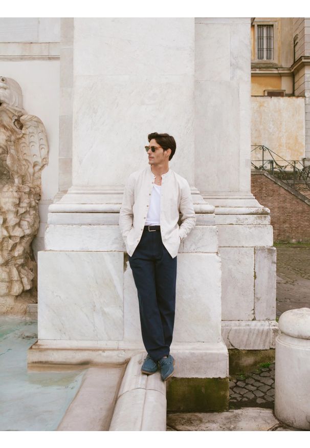 Big-Star - Spodnie męskie loose z dodatkiem lnu granatowe Patrik 403. Okazja: na co dzień. Kolor: niebieski. Materiał: len. Wzór: haft, paski, ze splotem. Styl: casual, elegancki