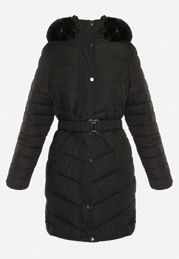 Born2be - Czarna Pikowana Kurtka z Paskiem i Kapturem z Futerkiem Talassa. Kolor: czarny. Materiał: futro