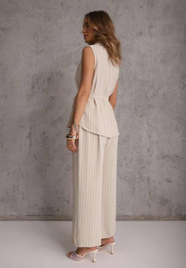 Renee - Beżowy Komplet z Wiskozy Spodnie Wide Leg i Koszula Bez Rękawów z Paskiem Adduin. Kolor: beżowy. Materiał: wiskoza