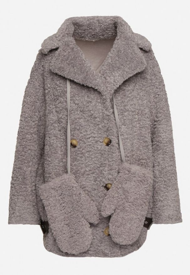 Born2be - Szara Futrzana Kurtka Płaszcz Dwurzędowy z Dołączonymi Rękawiczkami Hetista. Okazja: na co dzień. Kolor: szary. Materiał: futro. Styl: casual, elegancki