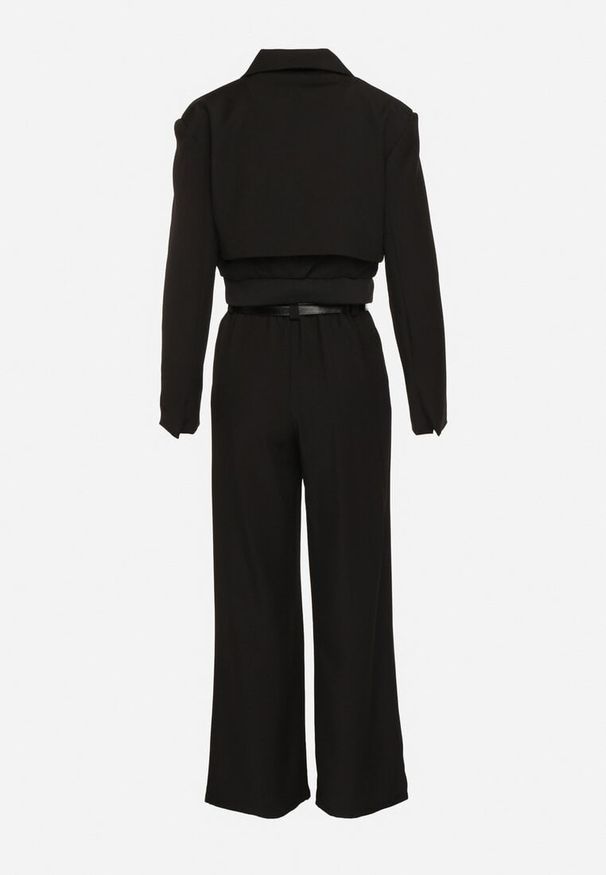 Born2be - Czarny Komplet Garniturowy Marynarka ze Ściągaczem i Szerokie Spodnie z Dwoma Paskami Riliona. Kolor: czarny