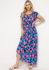 Born2be - Granatowo-Różowa Bawełniana Sukienka z Gumką Przy Dekolcie i w Talii Pietricea. Okazja: na randkę, na co dzień. Typ kołnierza: dekolt hiszpanka. Kolor: niebieski. Materiał: bawełna. Wzór: kropki. Sezon: lato. Typ sukienki: rozkloszowane. Styl: klasyczny, casual, elegancki #3
